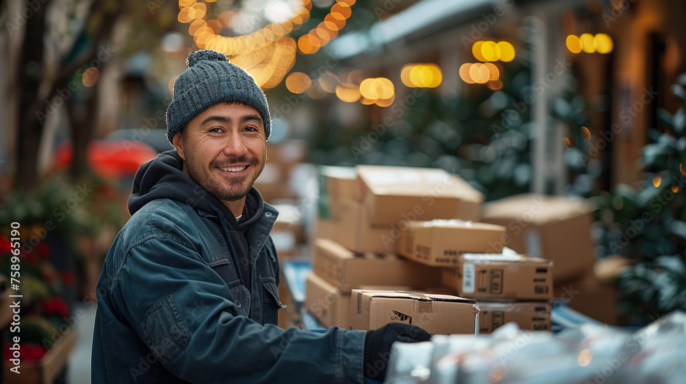 Man Standing Next to Pile of Boxes