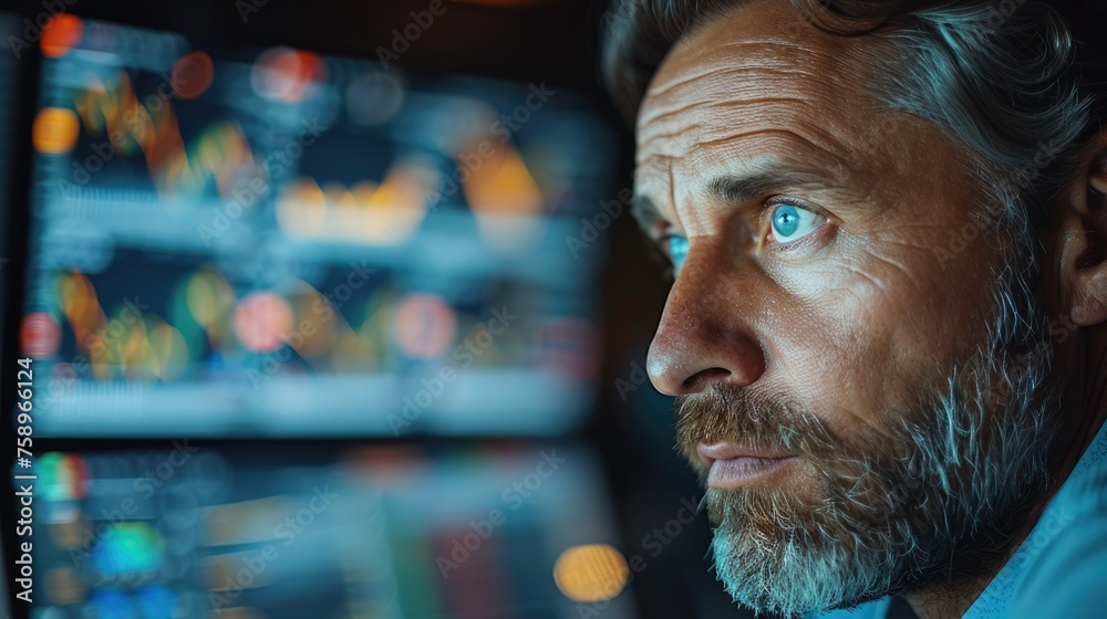 Fototapeta premium Businessman analyzing stock graph at stock trading company for best investment strategy. Generative AI.