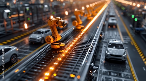 Photo of an industrial factory with robotic arms working on an assembly line for electric car vehicles, showcasing the integration of technology in modern industry production