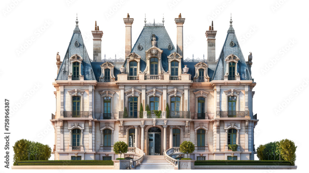 Fototapeta premium Majestic French Chateau With Mansard Roof - Cut out, Transparent background