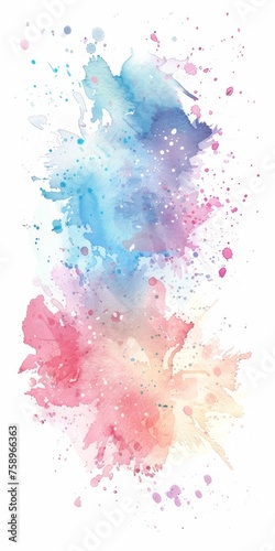 Soft pink clouds and vibrant blue droplets merge in a dreamy watercolor dance on white.