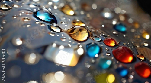 Multishade color water droplets cascade like liquid jewels, each one a prism of hues reflecting the brilliance of the world around them, creating a mesmerizing mosaic of nature's artistry.
