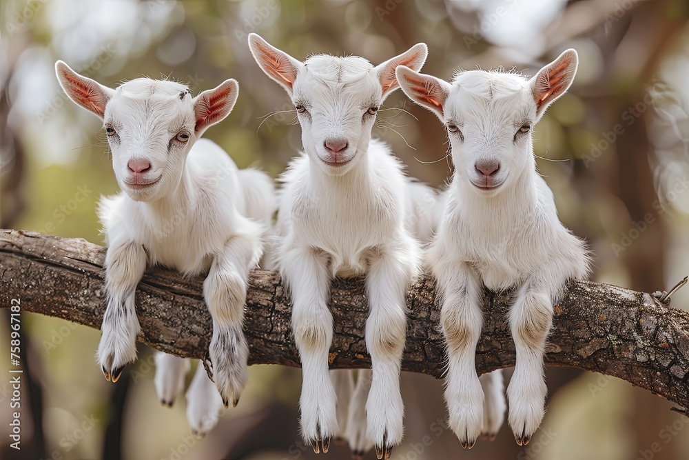 Fototapeta premium Goat Baby group of animals hanging out on a branch, cute, smiling, adorable