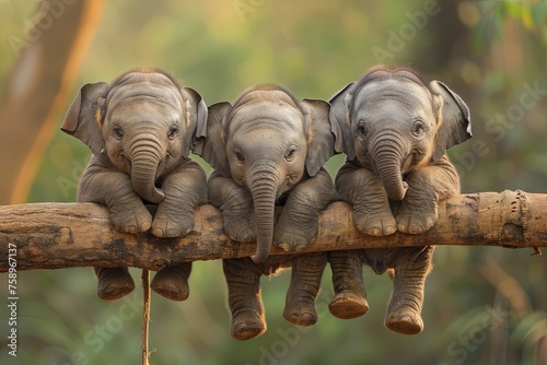 Elephant Baby group of animals hanging out on a branch, cute, smiling, adorable