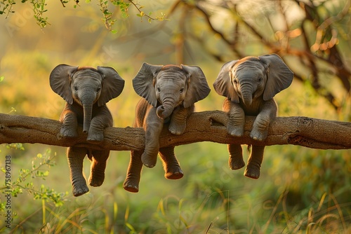Elephant Baby group of animals hanging out on a branch, cute, smiling, adorable