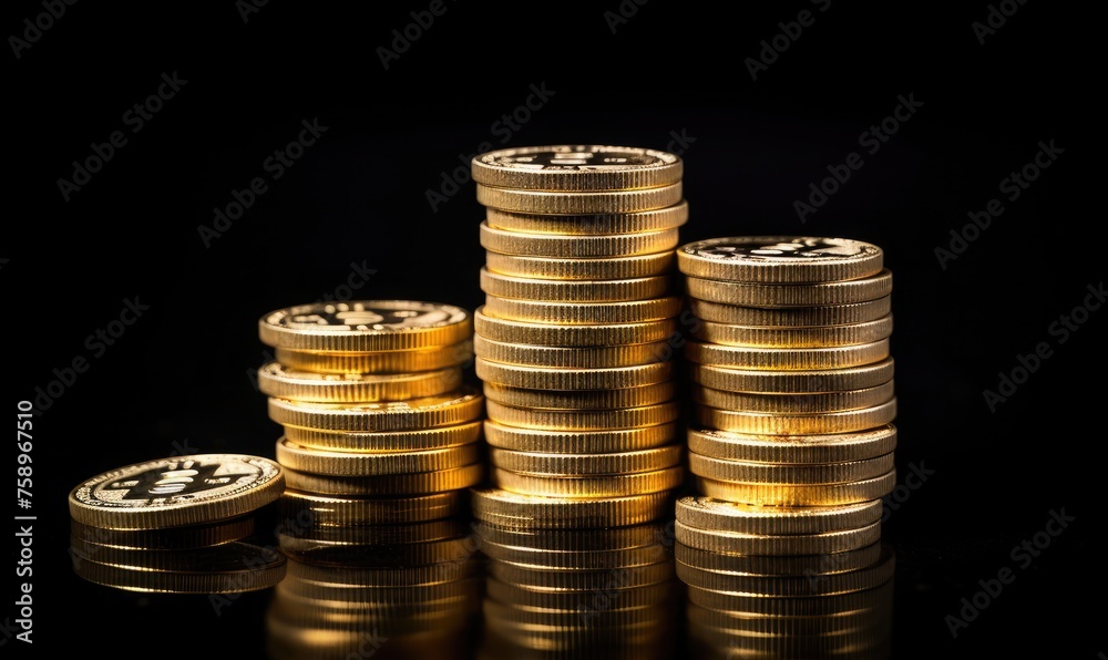 Bitcoins neatly piled on dark background Bitcoins neatly piled on dark background
