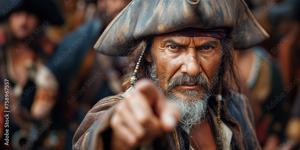 Fototapeta premium old angry pirate captain points finger on ship at sea