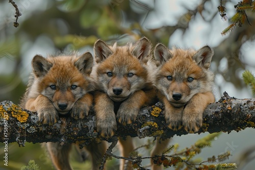 Wolf Baby group of animals hanging out on a branch, cute, smiling, adorable