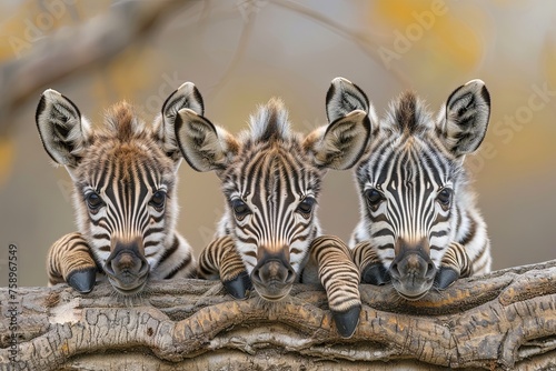 Zebra Baby group of animals hanging out on a branch, cute, smiling, adorable