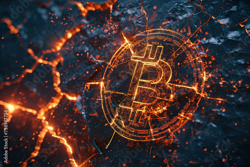 Abstract 3D ing of the bitcoin symbol surrounded by fiery flames and billowing smoke on a black background
