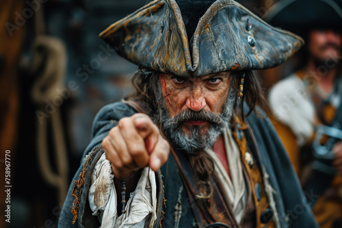 angry bearded pirate captain points finger on ship at sea