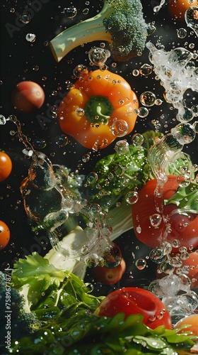 Fresh Vegetables and Fruits Dynamically Washed in High Definition  Showcasing Intricate Details and Hyper Realism