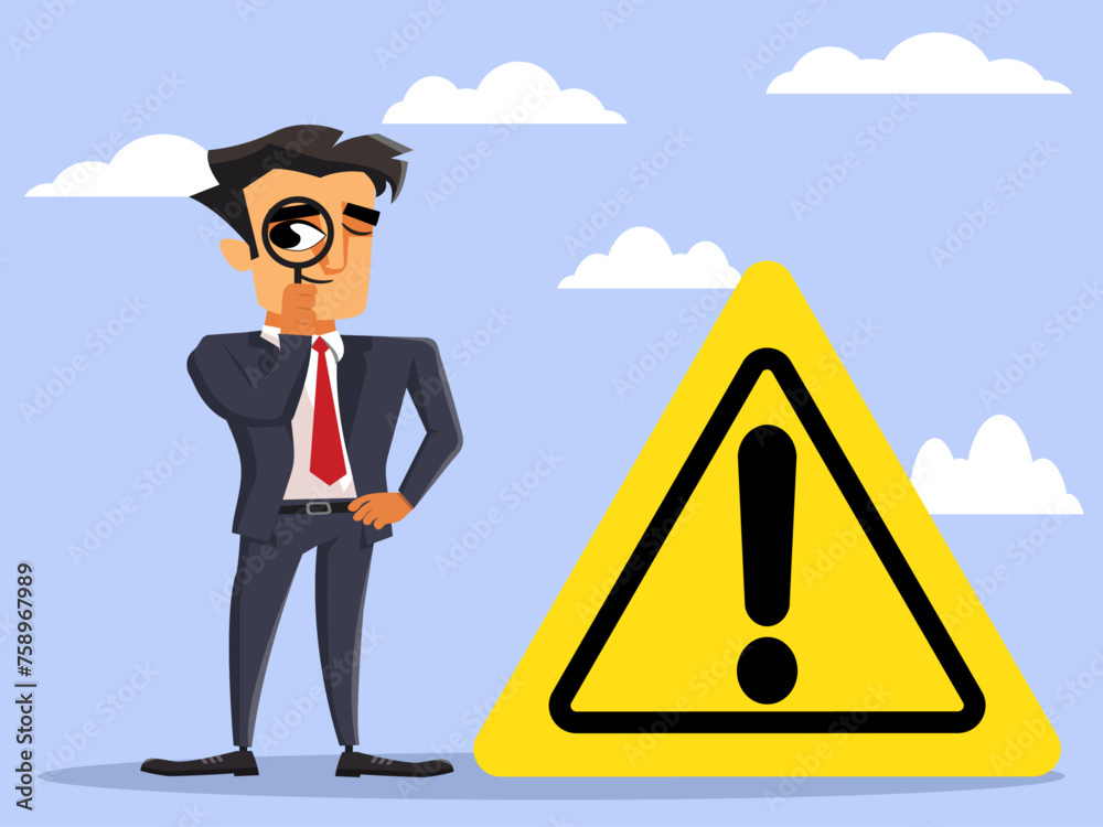 Business man looking through magnifying glass with a warning sign for a risk assessment concept Business man looking through magnifying glass with a warning sign for a risk assessment concept