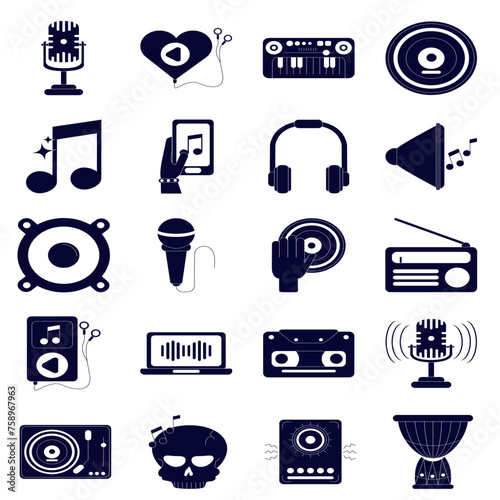Music melody sound audio icons set silhouette style icon