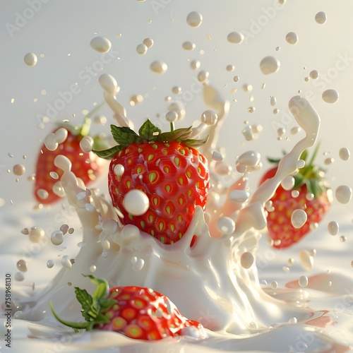 Fresh Strawberries Dynamically Plunging into Pure Milk  Unleashing a Cascade of Splashes and Bubbles