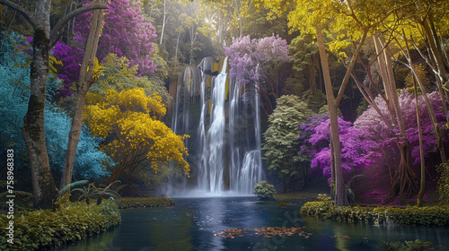 A breathtaking autumn vista featuring a majestic waterfall framed © Sundas