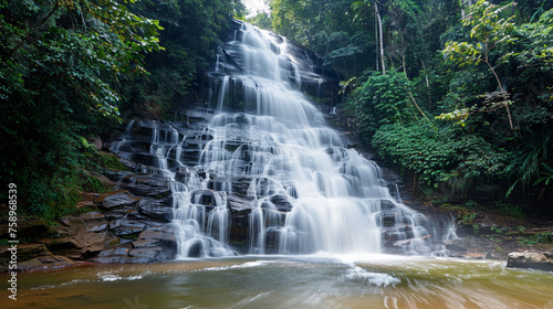 landscape unveiling a breathtaking waterfall nestled in the heart of a vibrant green forest