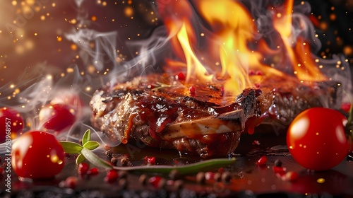 Savory Grilled Meat on Table A Feast for the Eyes in Flames and Smoke