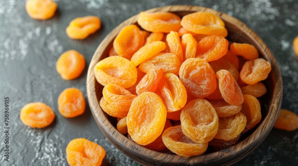 Delicious dried apricots in a bowl on napkin, food Delicious dried apricots in a bowl on napkin, food