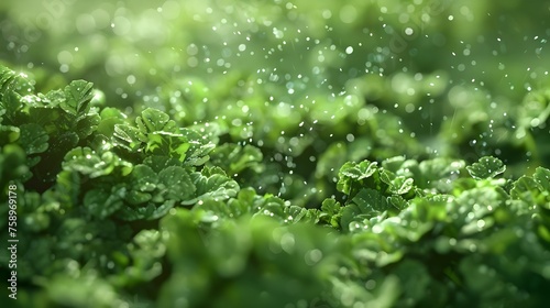 Eco-Friendly Green Clover Field: Intricate Raindrop Detail in Vibrant HD Realism