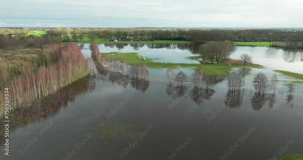 Aerial view of flooded farmland and trees during high water of river Vecht, Diffelen, Vechtdal, Overijssel, Netherlands Aerial view of flooded farmland and trees during high water of river Vecht, Diffelen, Vechtdal, Overijssel, Netherlands