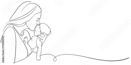 Mother and baby line art. Mom hugs child. Motherhood and newborn concept. Happy mother line vector illustration. Parent loving kid, happy mother day design for card