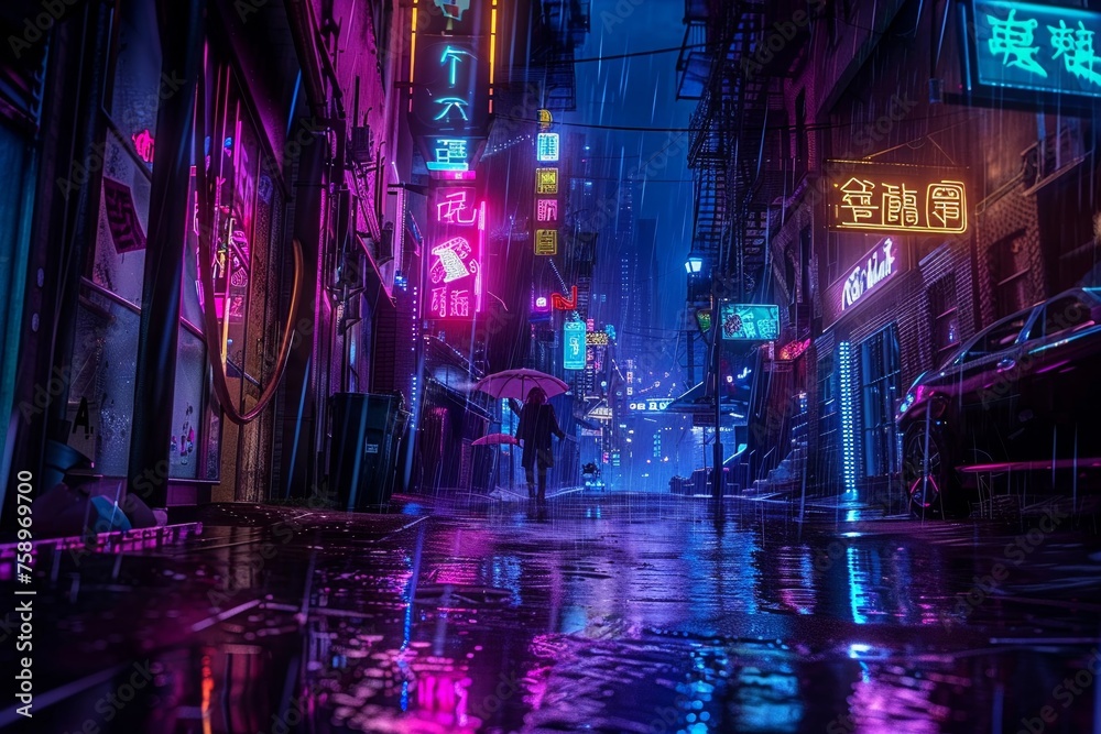 Cyberpunk alley, rainy night, neon signs, first-person, moody lighting, Pop art