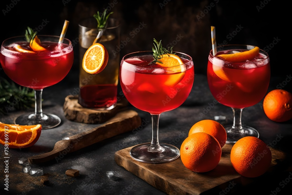 Indulge in the refreshing taste of a vibrant red cocktail, garnished with a juicy slice of orange and a single ice cube, perfect for a cozy indoor gathering Indulge in the refreshing taste of a vibrant red cocktail, garnished with a juicy slice of orange and a single ice cube, perfect for a cozy indoor gathering