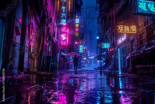 Cyberpunk alley  rainy night  neon signs  first-person  moody lighting  Pop art