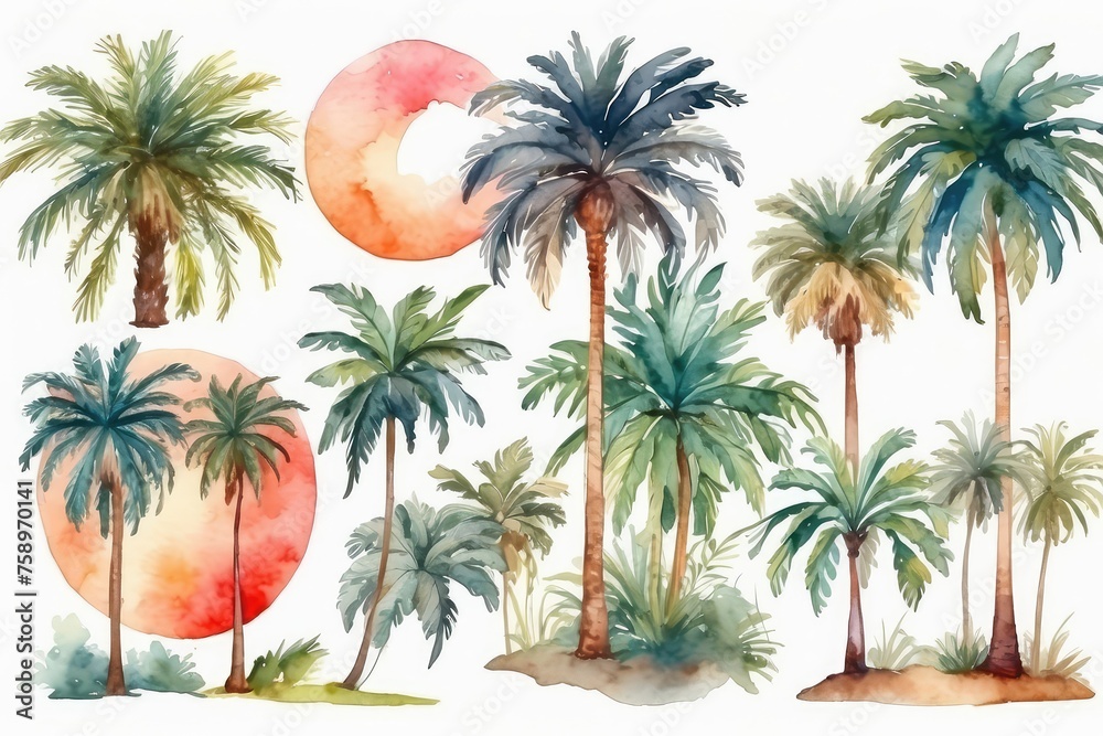 Fototapeta premium set of palm trees watercolor illustration