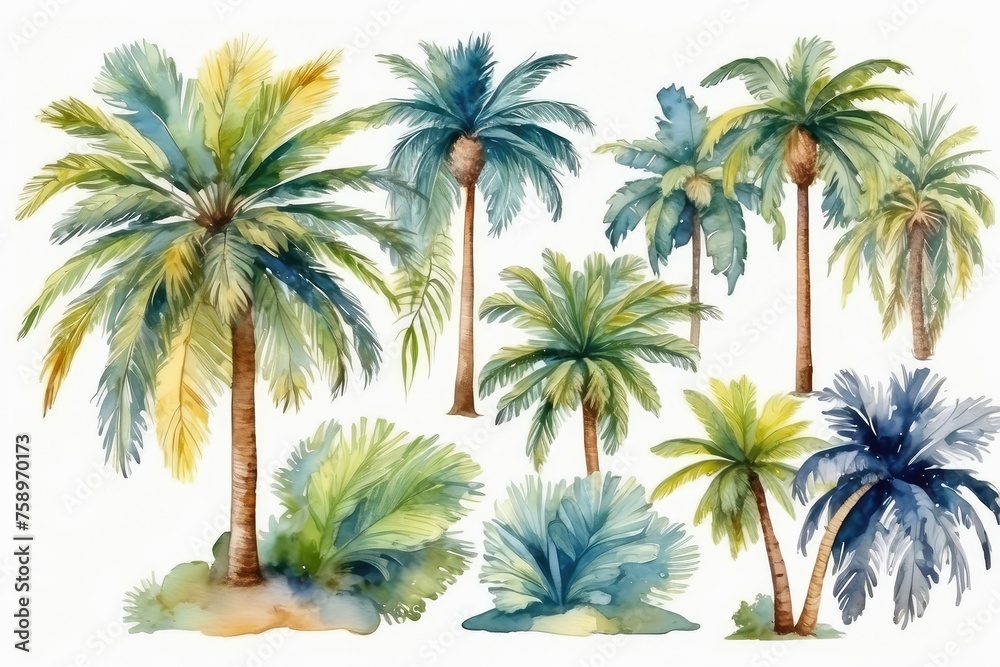 set of palm trees watercolor illustration