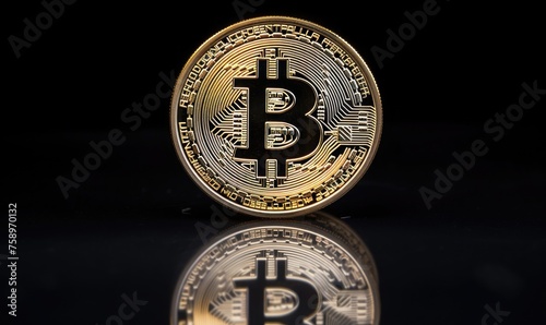 Bitcoin coin positioned on reflective surface
