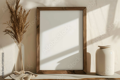 Simple wooden photo frame mockup for portraits and art, Ai Generated.
