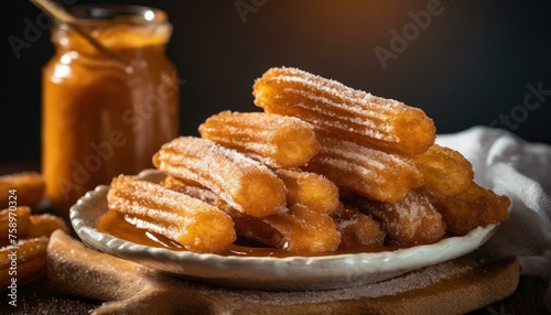 Churros com doce de leite ( Dulce de leche ). Comida, sobremesa, doce, fritura. photo