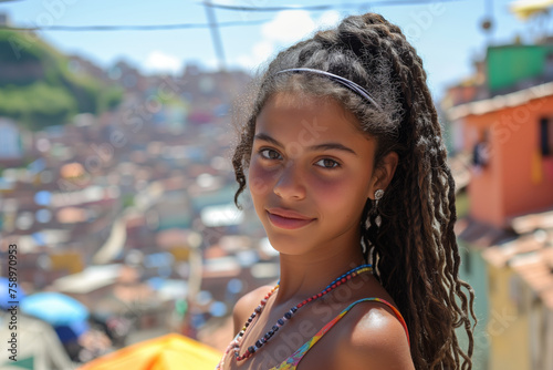 Young teenage Brazilian girl with braids stands above a favela in Rio de Janeiro, her bright smile matching the sunny energy of the sprawling slum below. photo