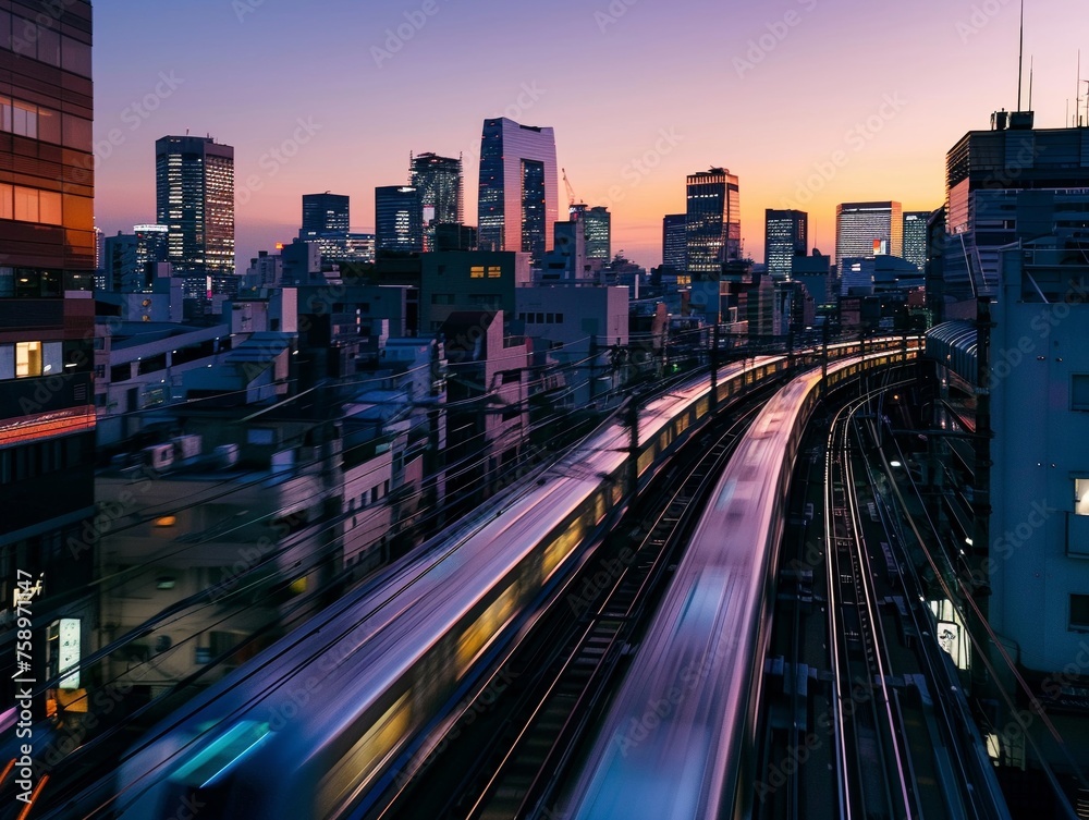 High-speed train entering city, twilight, dynamic angle, tech advanced, Prime Lenses