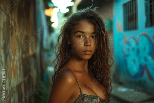 Intense gaze of a young Hispanic teenage girl wearing a bikini in an alley, illuminated by soft lights, with a blur of street art behind her in a serene nocturnal setting.