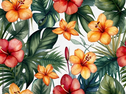 hand drawn watercolor of tropical flower  tropical leaves frame  tropical flowers set  flower background wallpaper