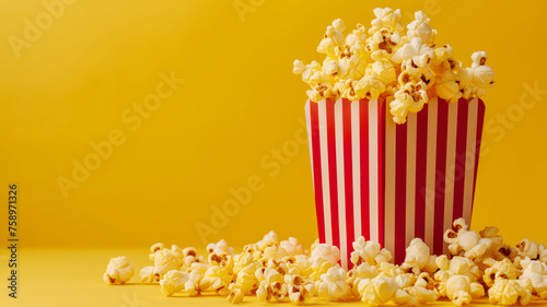 Delicious popcorn scattering from a red striped carton box on a bright background with copy space