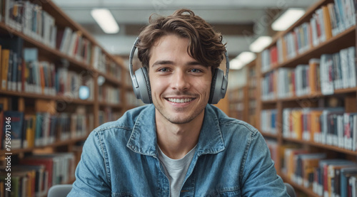 Young caucasian student with wireless headphones studying in library and smiling. Happy man spending his time in university or school.