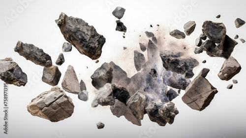 Basalt stones on gray gradient background. Creative concept of floating natural stones. Background of falling fragments of basalt. Levitation of basalt parts. Texture rock, burst. Close-up. Copy space photo