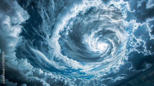 Grey-blue clouds in shape of vortex, full frame. It is natural phenomenon. Power and elements. Movement of air masses. © Marina_Nov