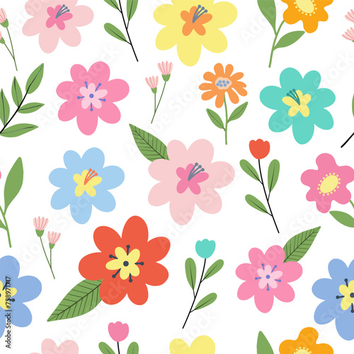 Seamless pattern with colorful flowers. Hand drawn floral pattern for your fabric  summer background  gift paper  wallpaper  backdrop  textile. Vector illustration