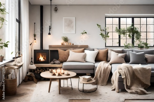 a cozy reading nook featuring a corner sofa, soft blankets, and a fireplace, creating a haven of tranquility and warmth in a living space. © Muhammad