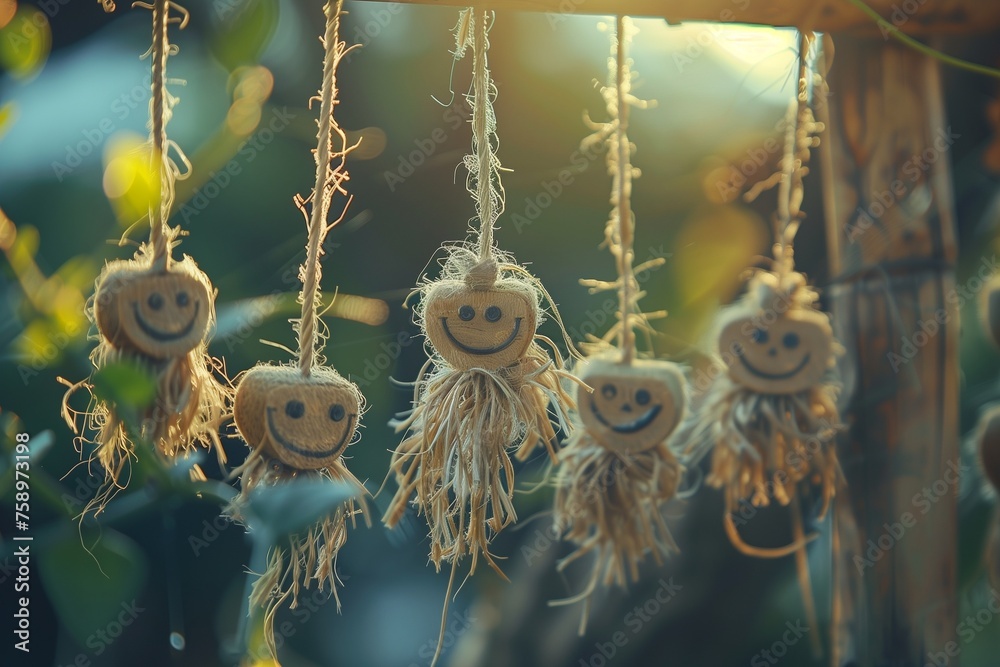 A set of realistic, frayed rope smileys hanging from a miniature rustic wooden frame, with each thread captured in stunning detail against a softly blurred natural background. - obrazy, fototapety, plakaty 