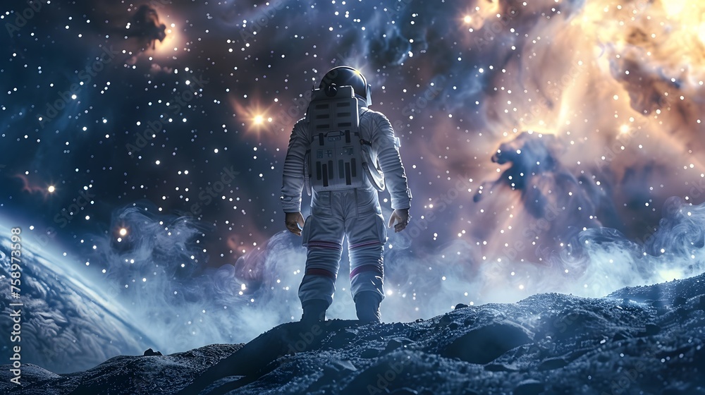 Astronaut Gazing at Starry Night Sky in Space - obrazy, fototapety, plakaty 