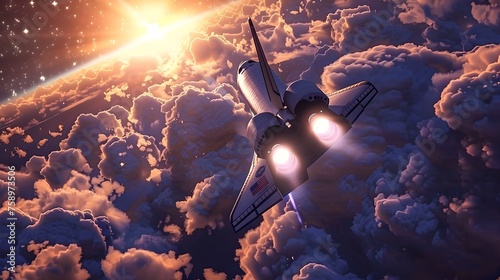 Space Shuttle Flying over Clouds with Sunlight photo