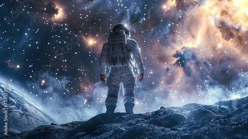 Astronaut Gazing at Starry Night Sky in Space
