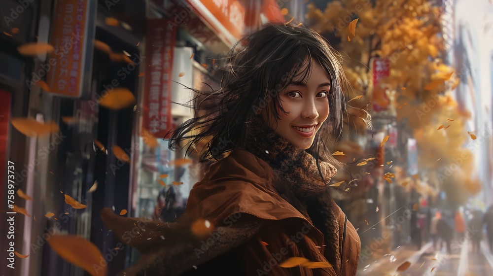 A city street, a smiling model girl with falling autumn leaves.