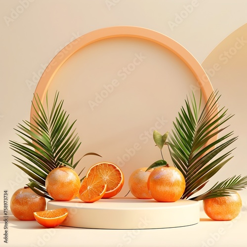 Oranges and Palm Leaves Arrangement in Photorealistic and Minimalist Style photo